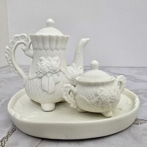 vintage mini TEA SET Roses Floral Victorian Matte Ivory